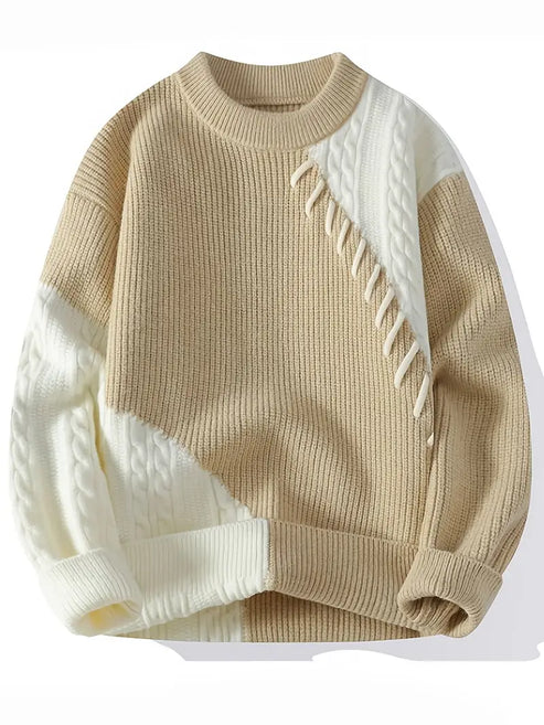 ParissPrints Two-Tone Patchwork Knit Sweater – Beige & Ivory