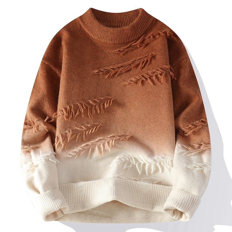 ParissPrints Ombre Leaf Knit Sweater – Warm Brown & Cream Gradient Design