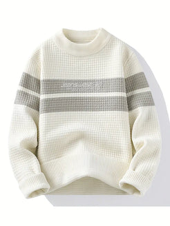 Commisely Textured Knit Sweater – Cream & Gray Block Stripe