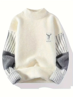 Commisely Deer Embroidered Knitted Sweater – Cream & Gray
