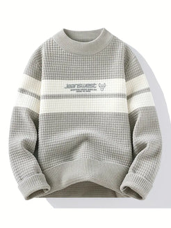 Commisely Textured Knit Sweater – Cream & Gray Block Stripe