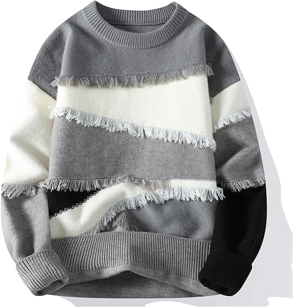 ParissPrints Fringe-Stripe Knit Sweater – Modern Grey & Cream Textured Style