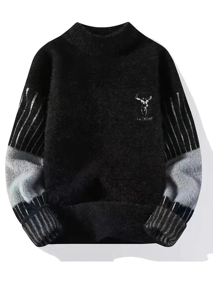ParissPrints Classic Black Knit Sweater – Premium Fuzzy Warmth with Minimal Deer Design