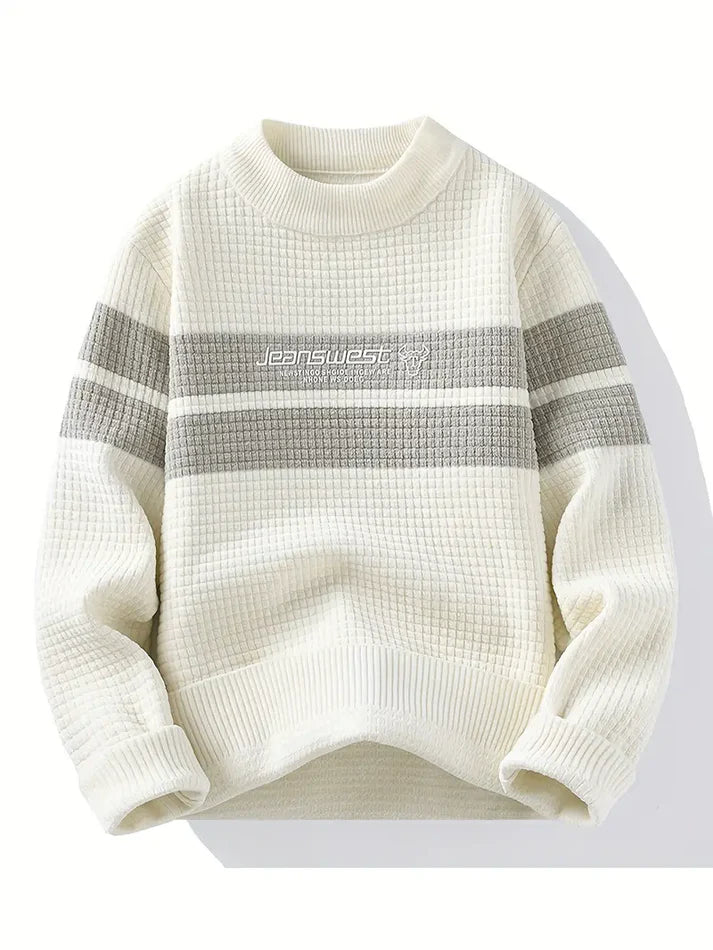 ParissPrints Waffle Knit Sweater – Elegant Cream & Grey Minimal Classic