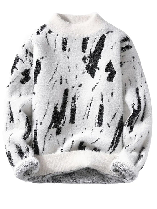 ParissPrints Abstract Fuzzy Sweater – Artistic Black & White Cozy Statement