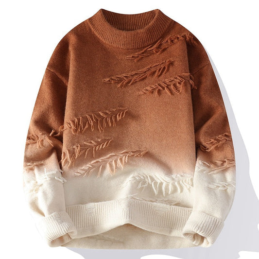 ParissPrints Ombre Leaf Knit Sweater – Warm Brown & Cream Gradient Design